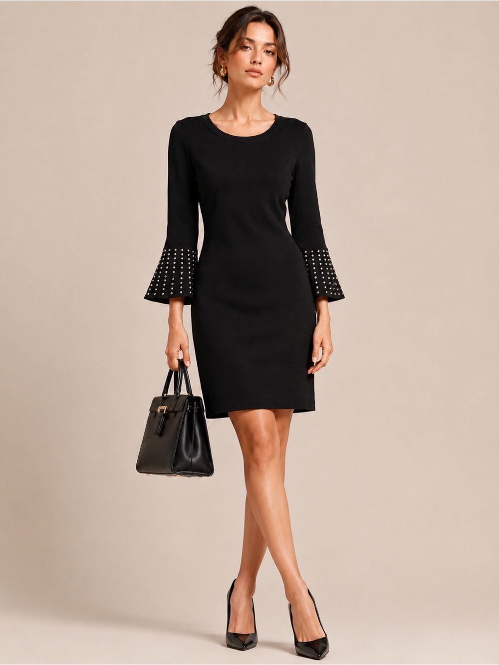 Nina Leonard Studded Bell Sleeve Sweater Dress